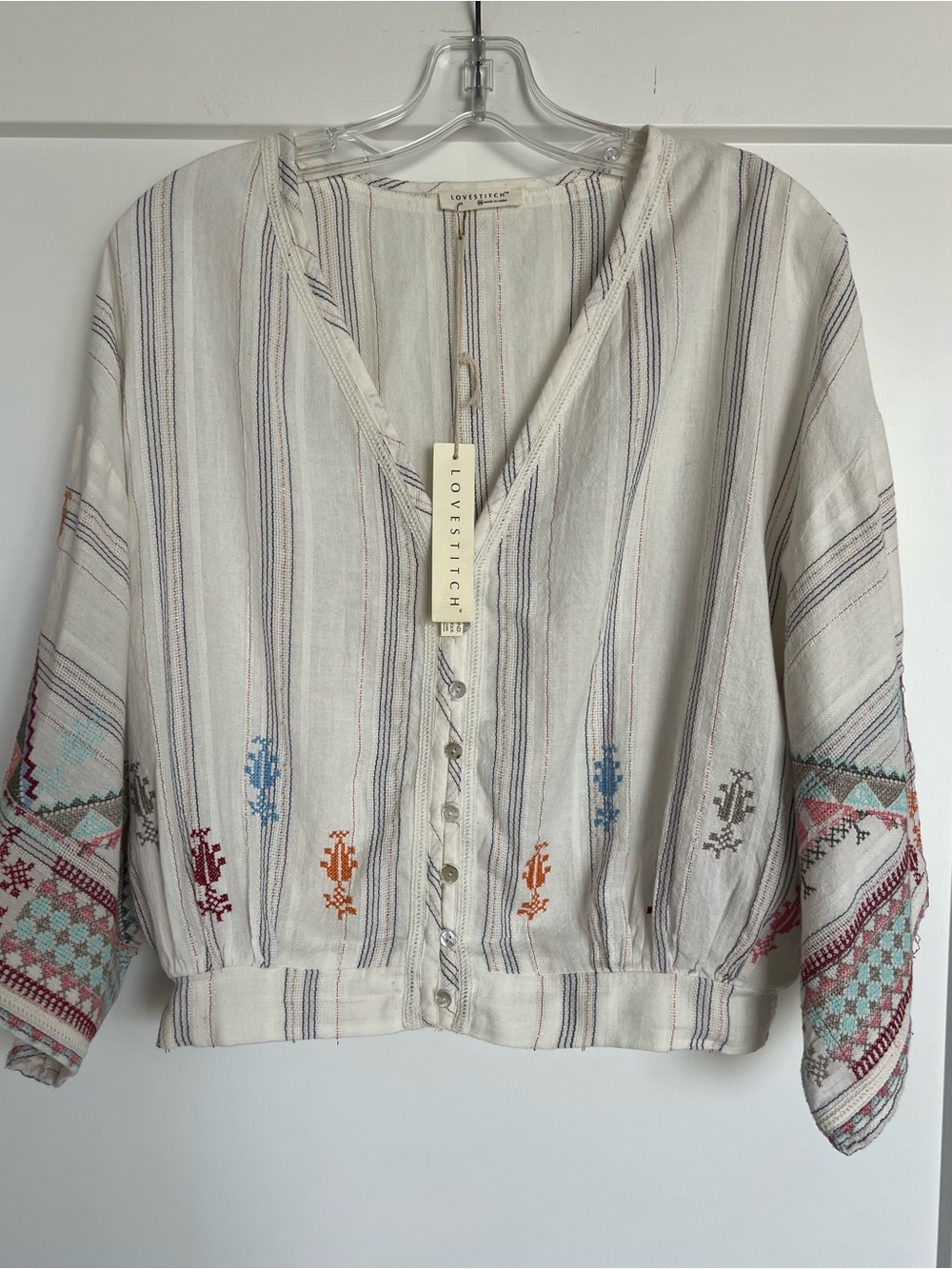 Lovestitch Cotton Cream Striped Embroidered V-Neck Cropped Blouse Size Medium